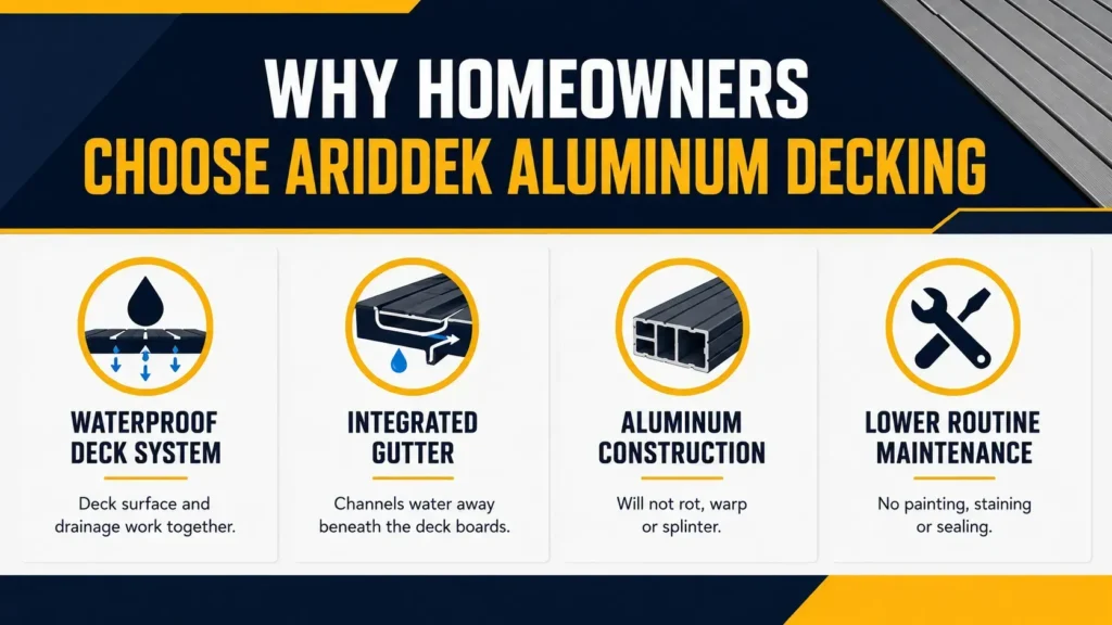 AridDek aluminum waterproof decking infographic about Why Homeowners Consider Aluminum Decking With Integrated Drainage