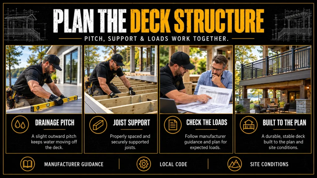 AridDek aluminum waterproof decking infographic about Pitch, Joist Spacing, Loads, and Structural Planning