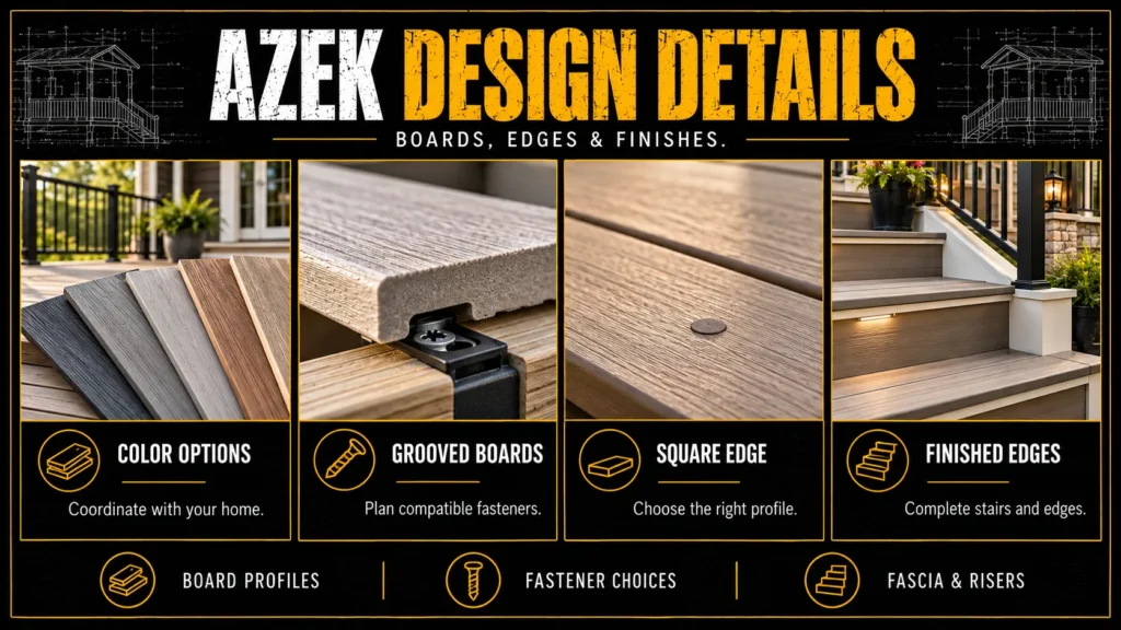 AZEK advanced PVC decking infographic about Colors, Board Profiles, Widths, and Design Details