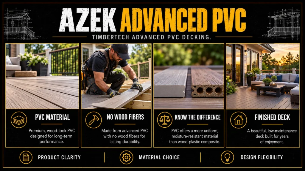 AZEK advanced PVC decking infographic about What Is AZEK Decking Today, showing PVC boards, finished decks, and installation details