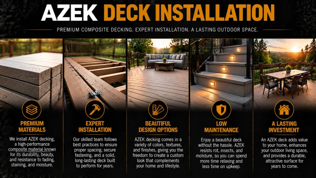 AZEK advanced PVC decking infographic about Professional AZEK and Advanced PVC Deck Builders, showing PVC boards, finished decks, and installation details