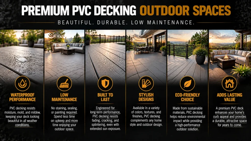 AZEK advanced PVC decking infographic about Explore Current Advanced PVC Decking Collections, showing PVC boards, finished decks, and installation details
