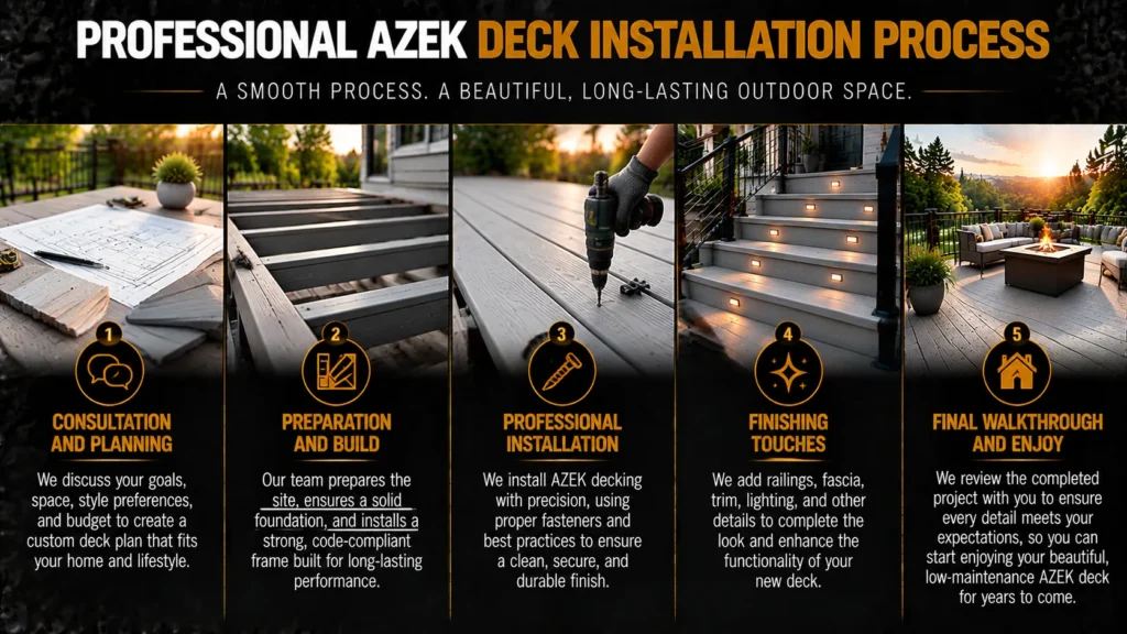 AZEK advanced PVC decking infographic about Our Advanced PVC Deck Installation Process, showing PVC boards, finished decks, and installation details
