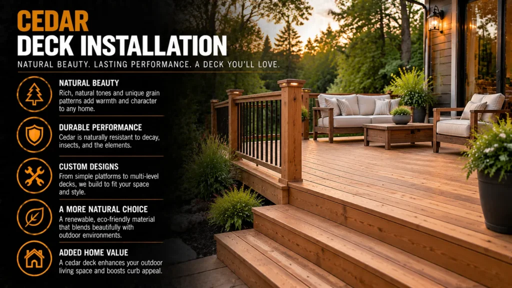 Cedar decking infographic about Professional Cedar Deck Builders, showing cedar decks, board selection, design options, and installation