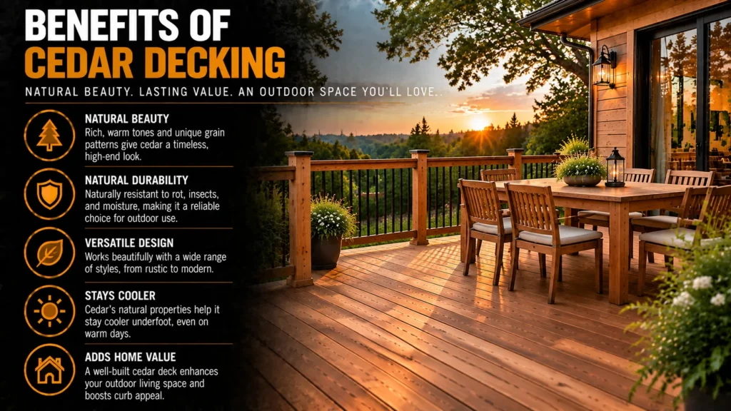 Cedar decking infographic about Cedar Decking Services, showing cedar decks, board selection, design options, and installation