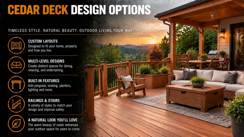 Cedar decking infographic about Cedar Deck Design Options, showing cedar decks, board selection, design options, and installation