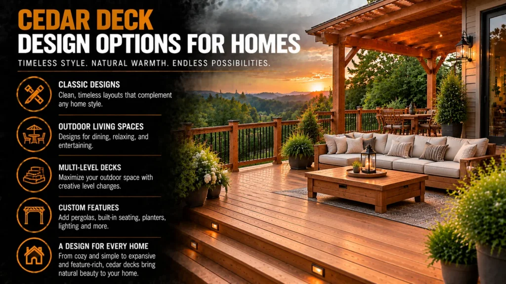 Cedar decking infographic about Cedar Deck Finishing Options, showing cedar decks, board selection, design options, and installation