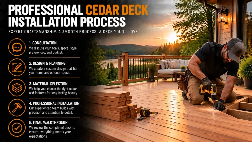Cedar decking infographic about Our Cedar Deck Installation Process, showing cedar decks, board selection, design options, and installation