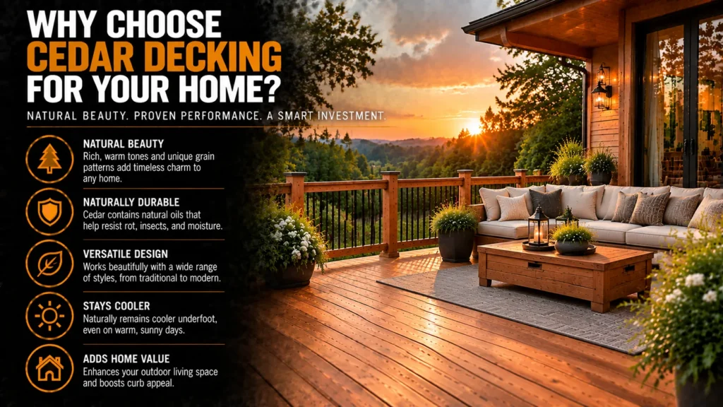 Cedar decking infographic about Why Homeowners Choose Cedar Decking, showing cedar decks, board selection, design options, and installation