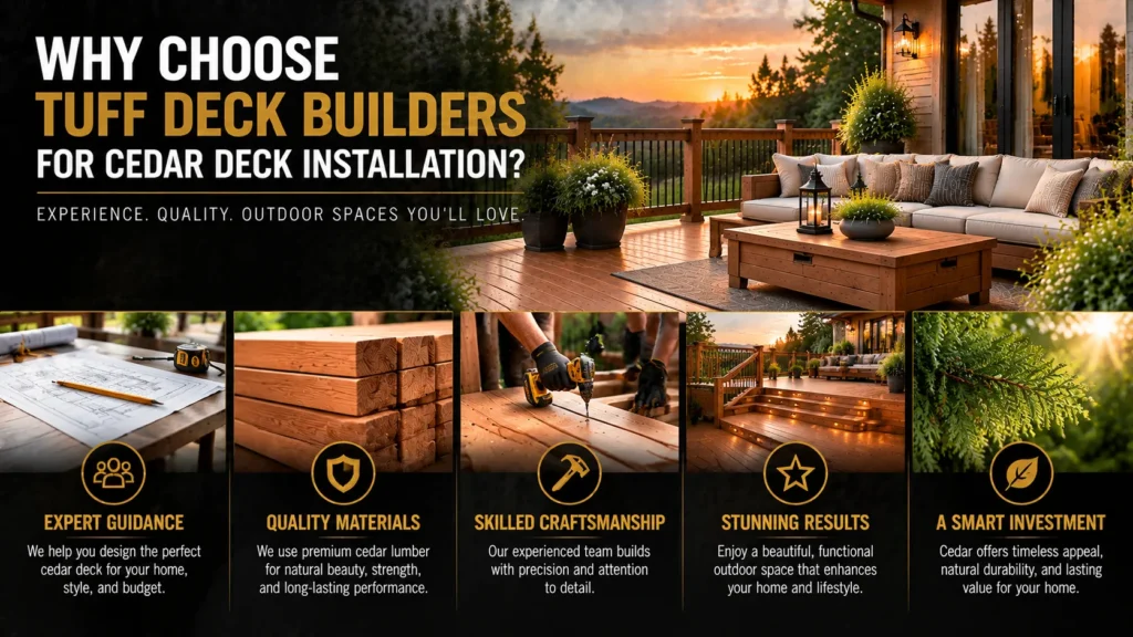 Cedar decking infographic about Start Planning Your Cedar Deck, showing cedar decks, board selection, design options, and installation