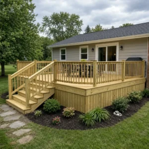 Raised pressure-treated wood deck with stairs and railings behind a single-story home