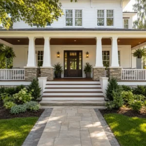 White front porch with columns, dark wood steps, and a landscaped walkway