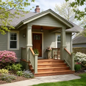 Compact covered front porch with wood steps and railings on a gray home