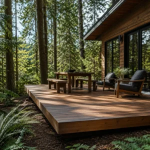 Low natural wood platform deck with dining furniture in a wooded backyard