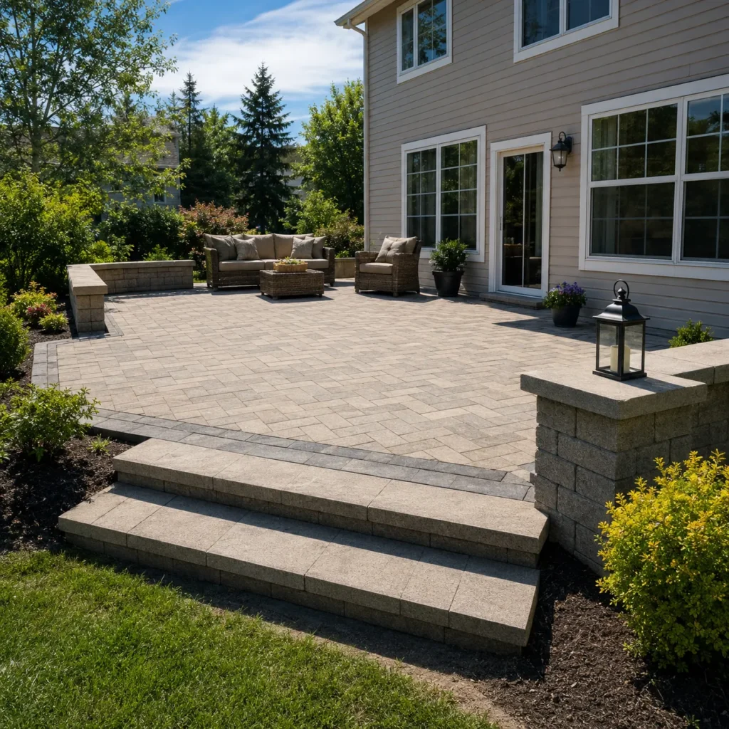 Ground-level gray composite deck with steps, furniture, and stone columns beside a home