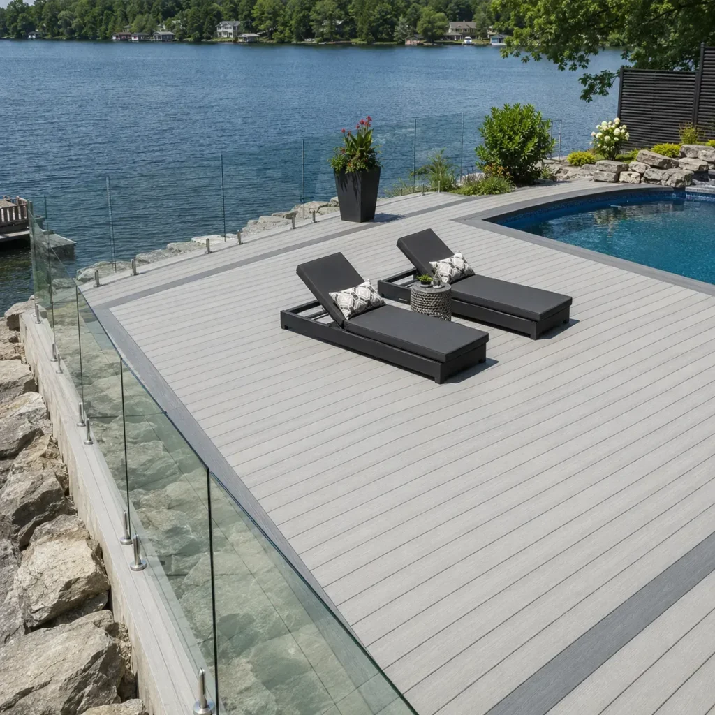 Light gray composite pool deck with lounge chairs overlooking the water