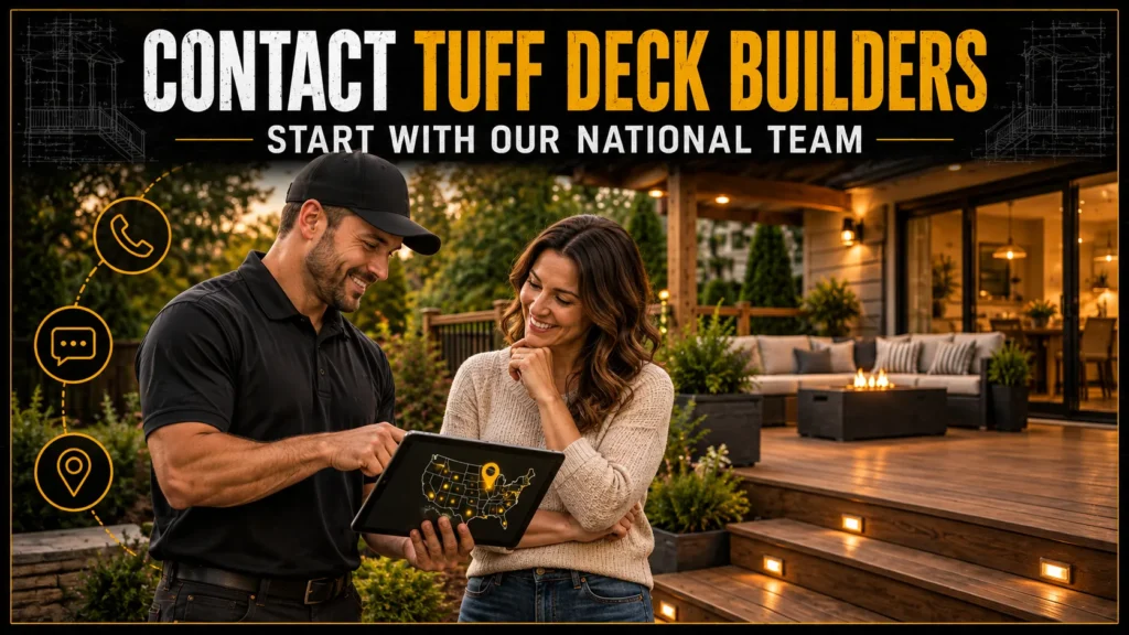 Tuff Deck Builders contractor showing project information to a homeowner on a tablet