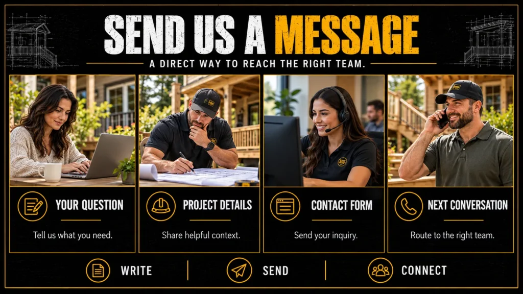 Tuff Deck Builders contact options infographic about Send Us a Message, showing homeowners, contractors, and project support conversations
