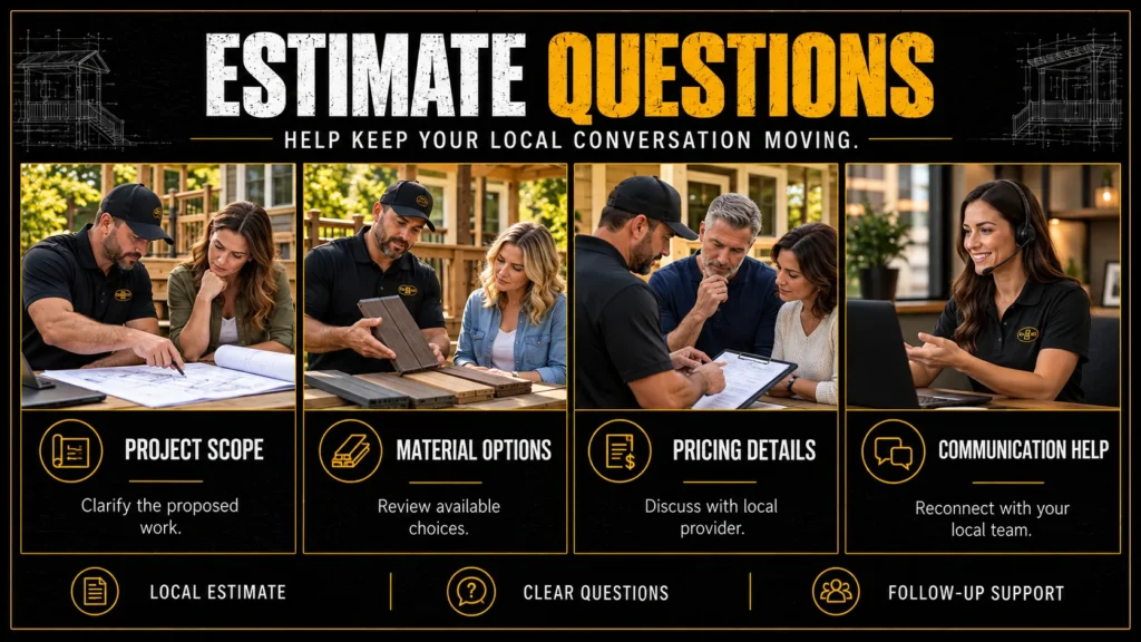 Tuff Deck Builders contact options infographic about Estimate Questions, showing homeowners, contractors, and project support conversations