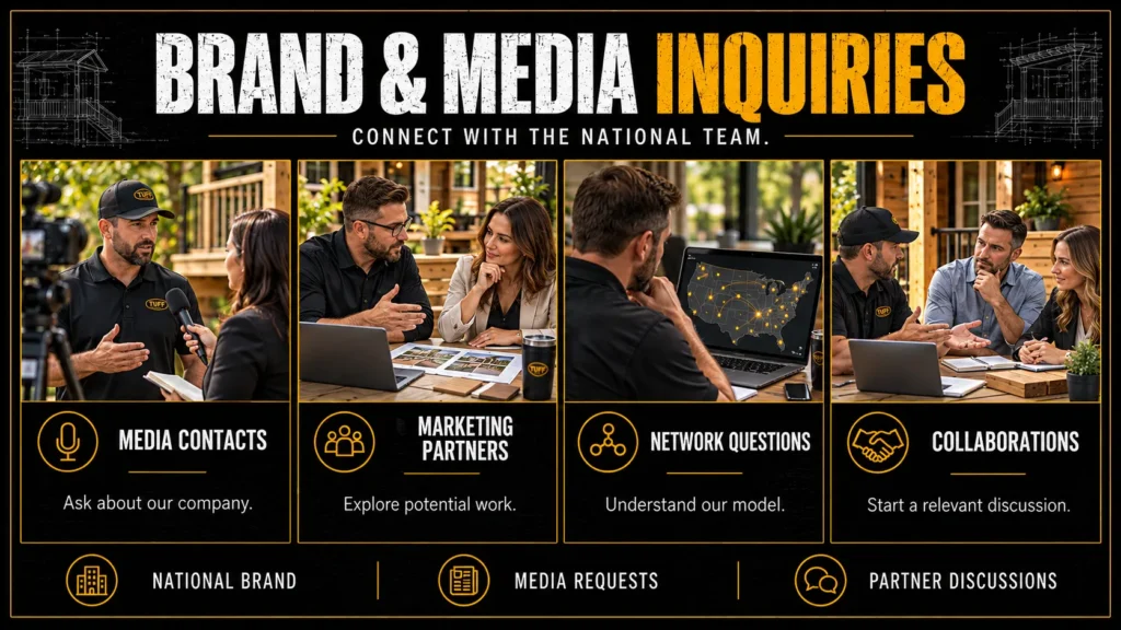 Tuff Deck Builders contact options infographic about Brand and Media Inquiries, showing homeowners, contractors, and project support conversations