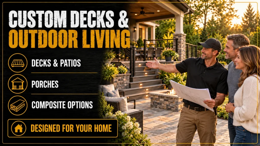 Custom decks and outdoor living infographic featuring decks, patios, porches, and composite options