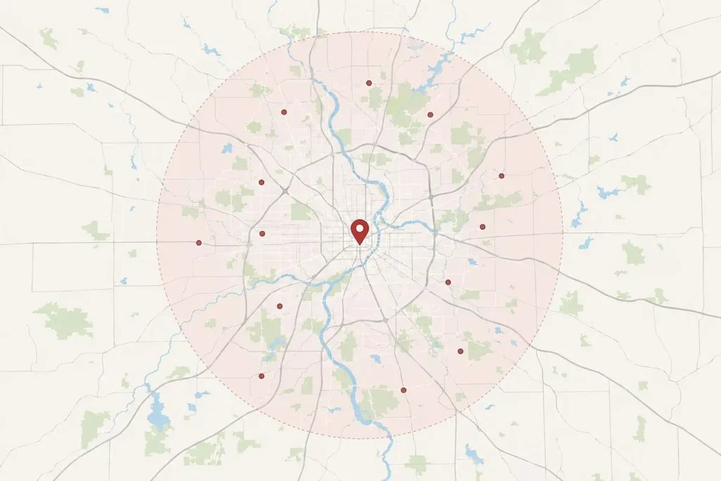 Map illustration showing a local deck builder service area with a central location pin