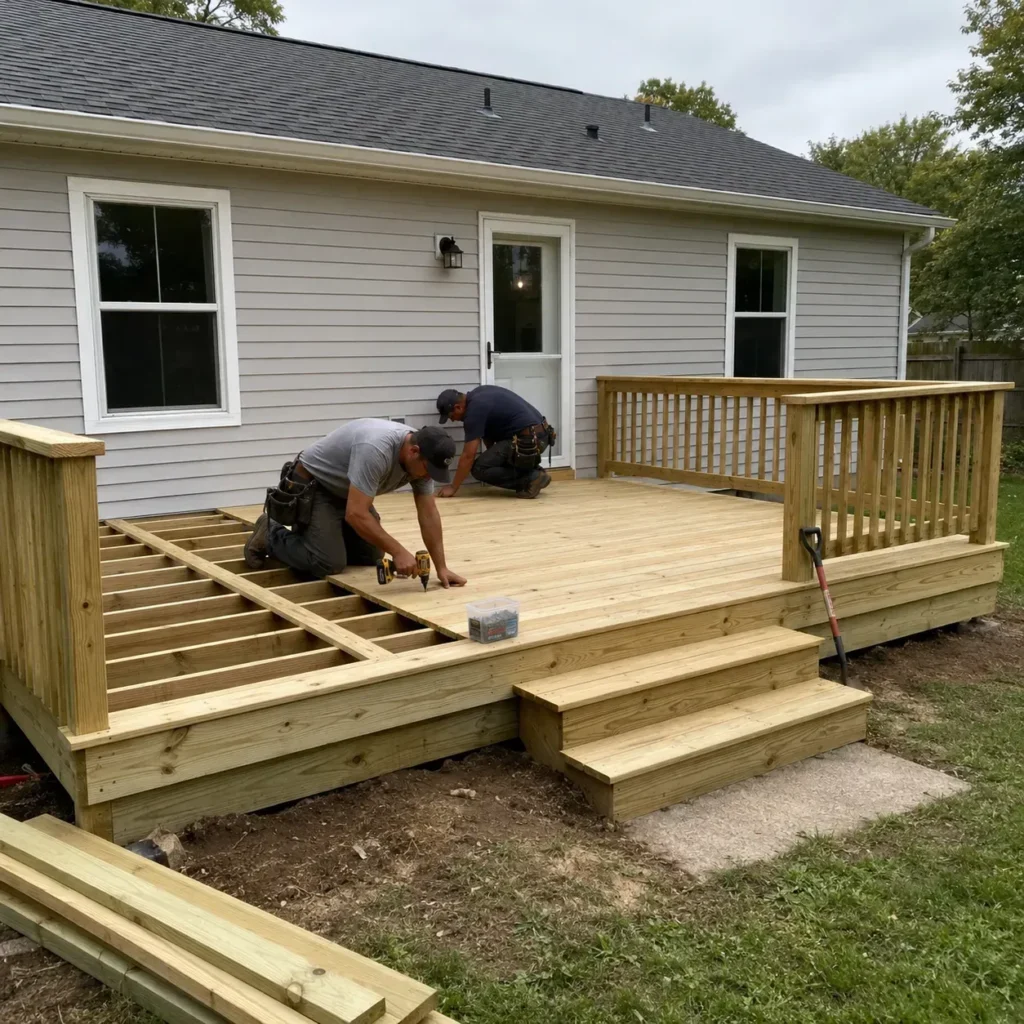 Deck builders framing a ground-level wood deck beside a gray home
