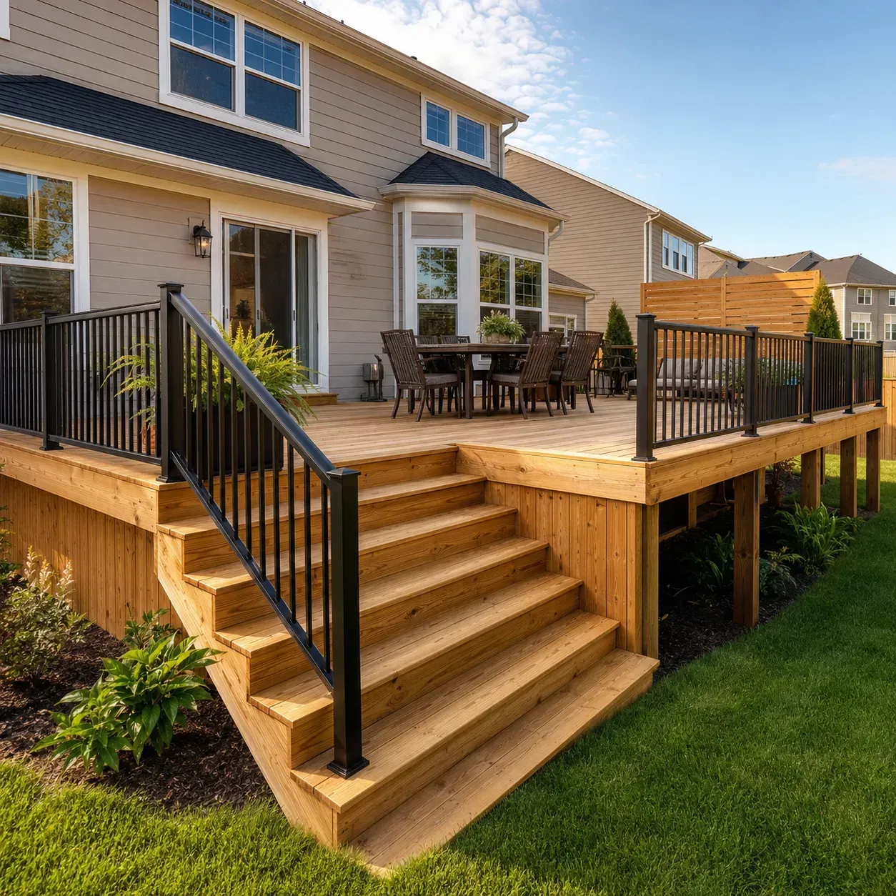 Finished elevated wood deck with wide stairs and black railings behind a tan home