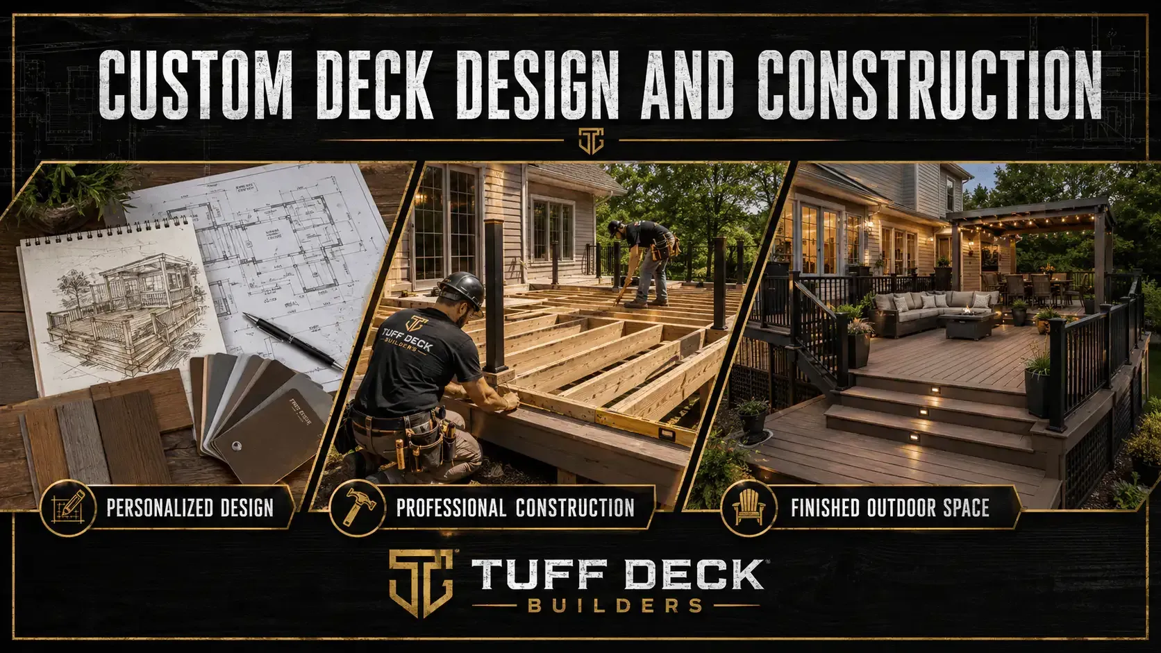 Custom deck design and construction infographic with plans, framing, and a finished outdoor space