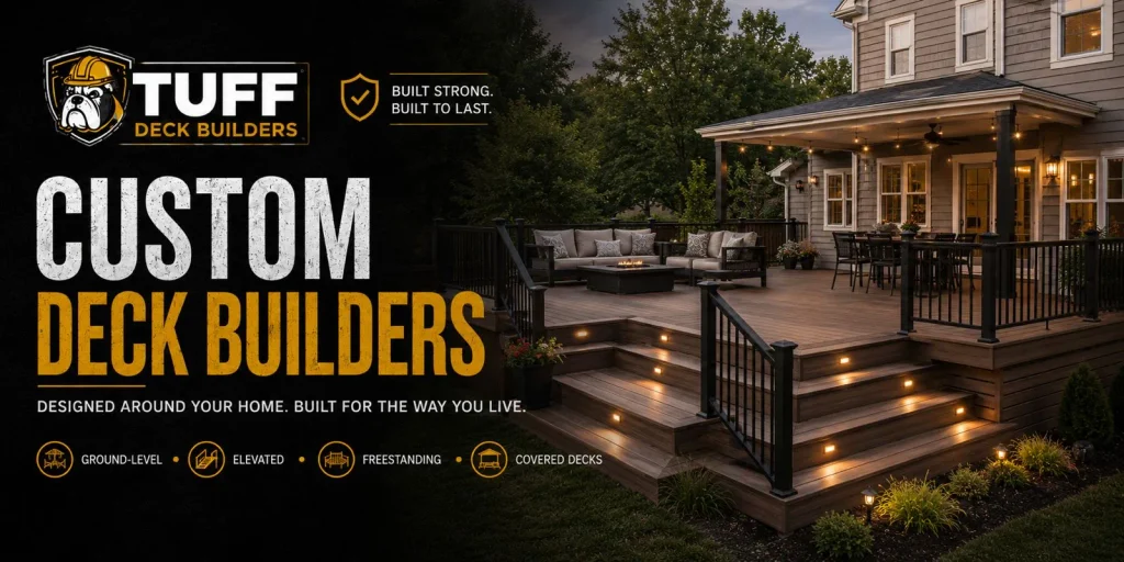Custom deck builders graphic featuring an illuminated multi-level backyard deck