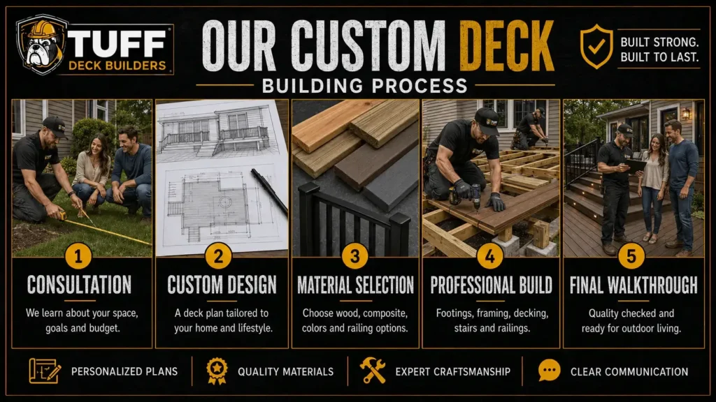 Deck building process infographic showing consultation, design, material selection, construction, and walkthrough