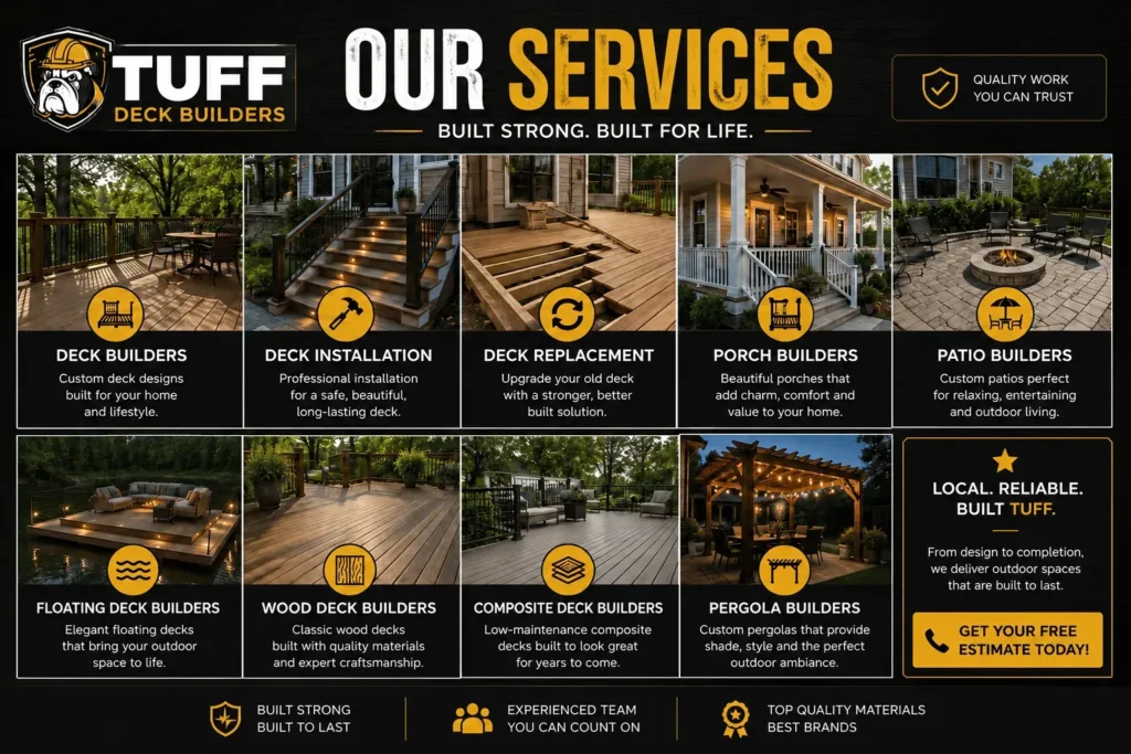 Tuff Deck Builders services infographic featuring decks, porches, patios, and outdoor living options