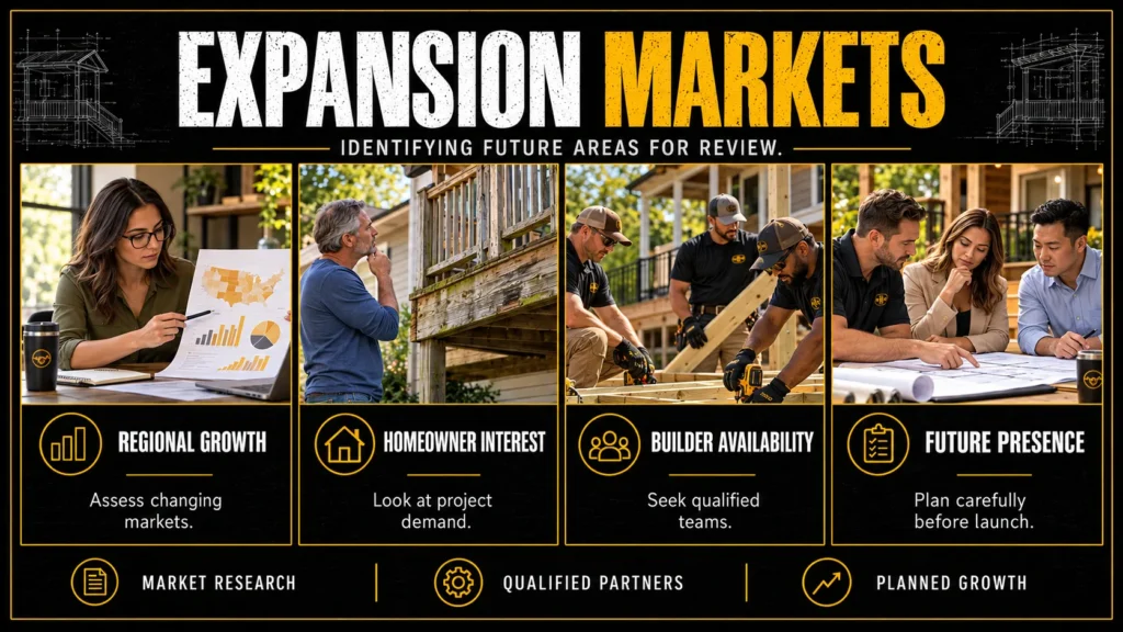 Deck contractor territories infographic about Expansion Markets, showing market review, local demand, contractor capacity, and application steps