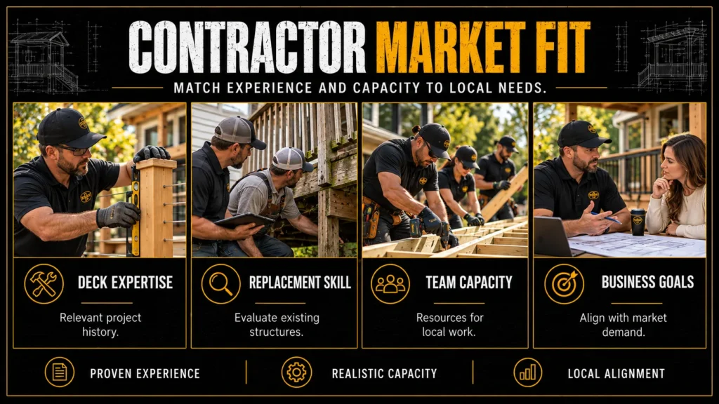 Deck contractor territories infographic about Contractor Market Fit, showing market review, local demand, contractor capacity, and application steps