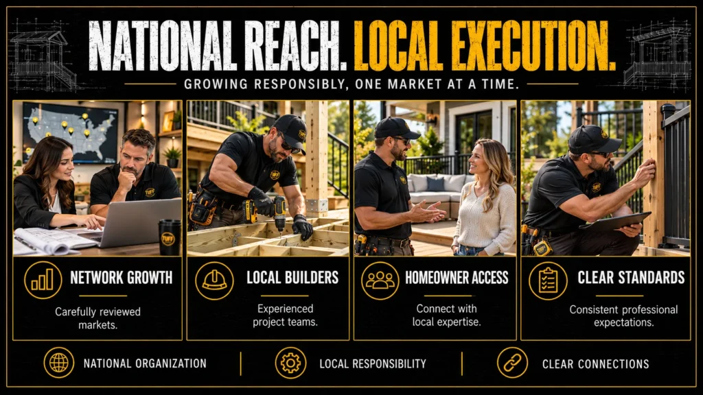 Deck contractor territories summary infographic showing market review, local demand, contractor capacity, and application steps