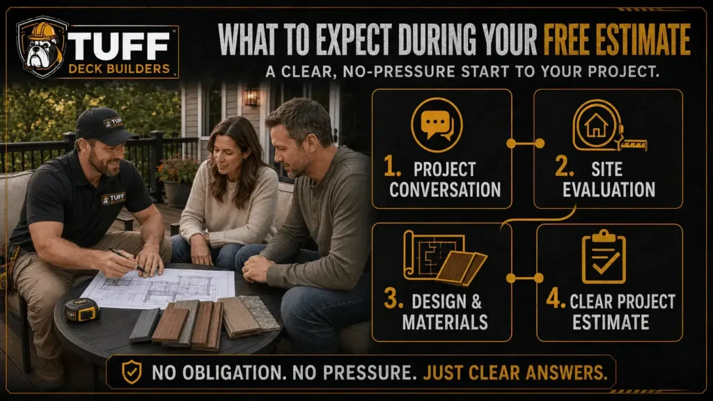 Free deck estimate infographic showing project discussion, site evaluation, design, and pricing