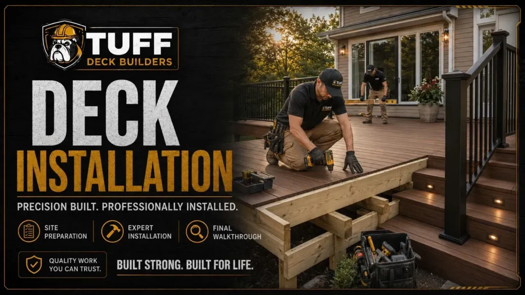 Deck installation infographic about Your Guide to Professional Deck Installation, showing framing, deck boards, stairs, railings, and installers at work