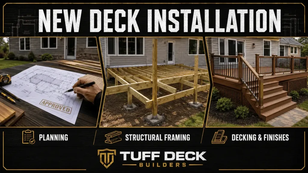 Deck installation infographic about New Deck Installation Planning Starts With Your Goals and Budget