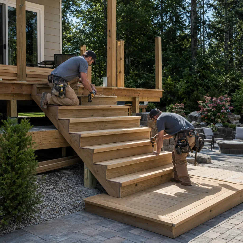Workers installing wide natural wood stairs on a raised backyard deck