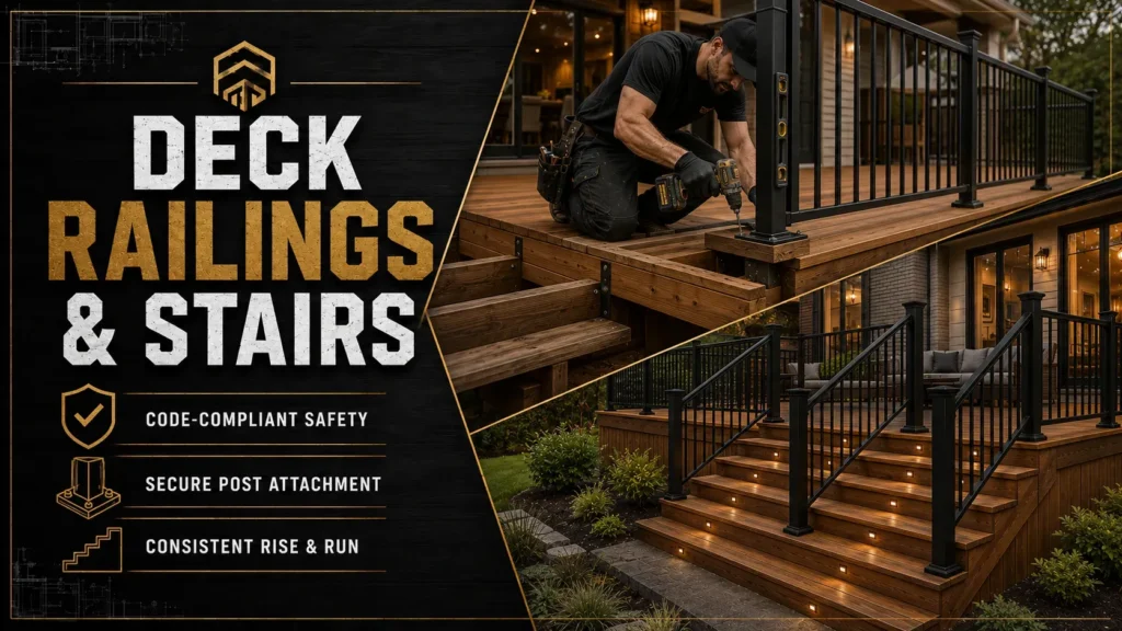 Deck installation infographic about Deck Stair Installation and Deck Stairs Railing Installation