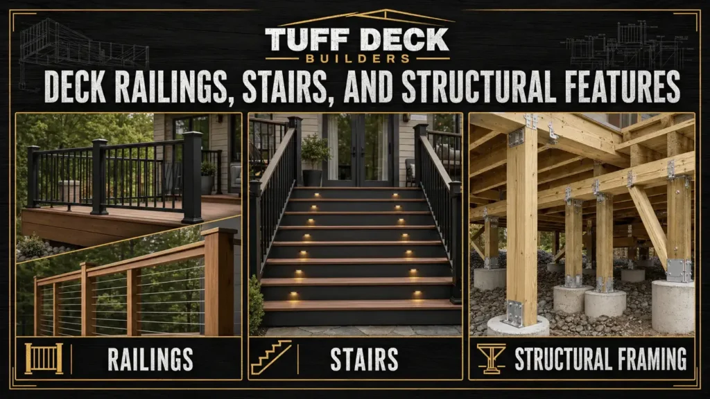 Deck installation infographic about Deck Railings Installation for Safety and Style, showing framing, deck boards, stairs, railings, and installers at work