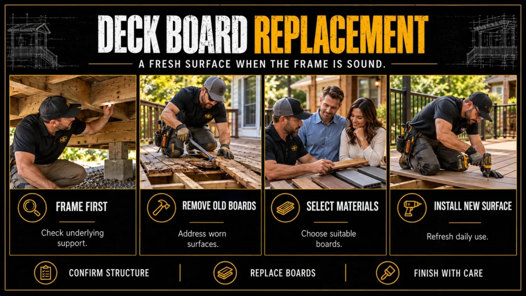 Deck replacement infographic about Deck Board Replacement and Surface Upgrades
