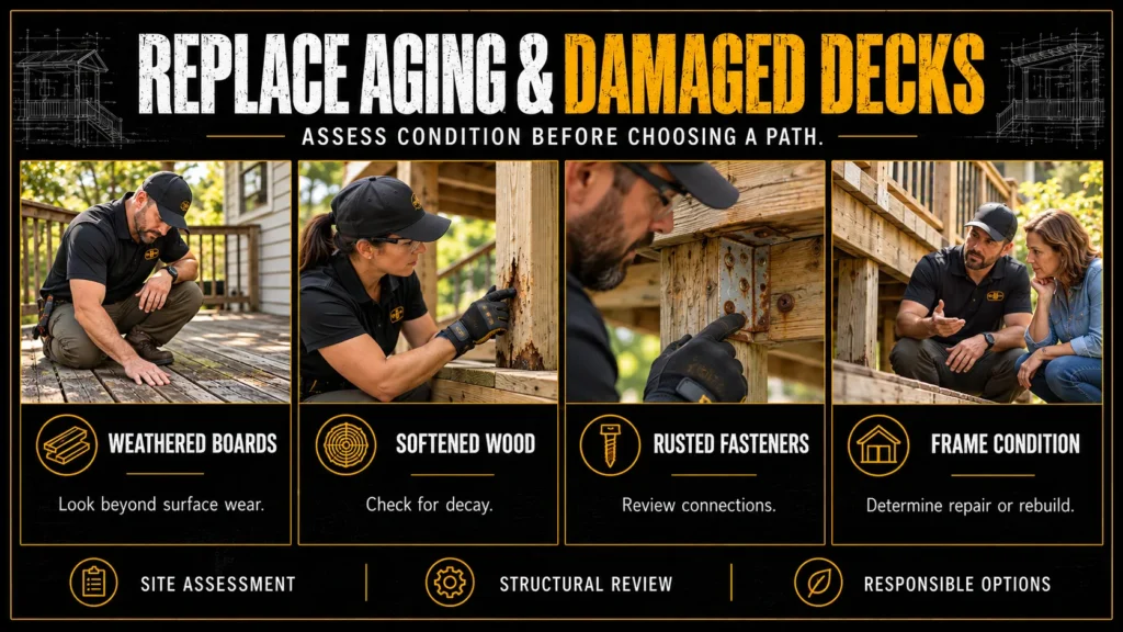 Deck replacement infographic about Deck Replacement for Aging and Damaged Outdoor Spaces