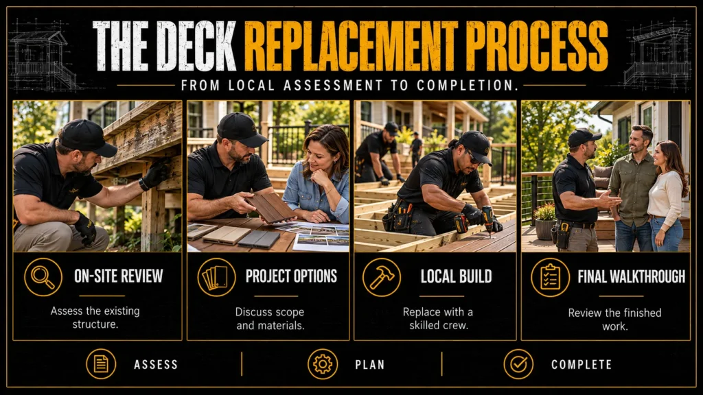 Deck replacement infographic about Deck Replacement Process From Assessment to Completion