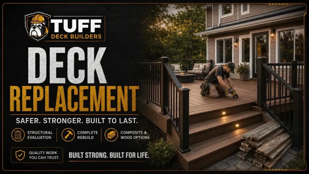 Deck replacement infographic explaining Deck Replacement With Our Network, showing deck inspections, damaged boards, replacement work, and finished decks