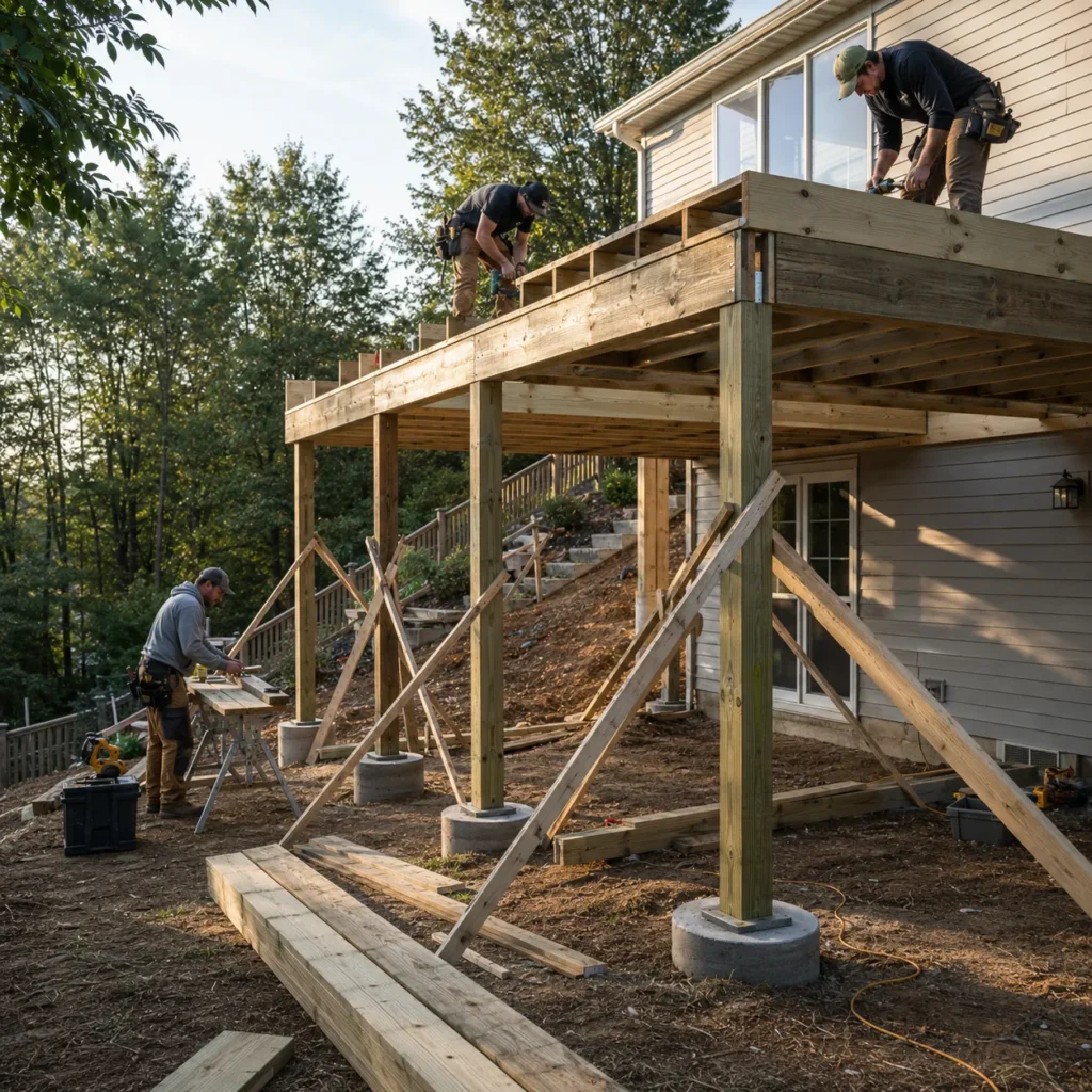 Elevated deck replacement project with new framing, posts, and temporary supports