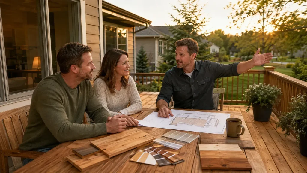 Deck contractor discussing plans and material samples with homeowners on a backyard deck