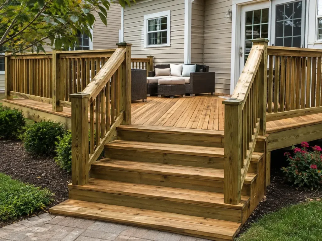 Natural cedar deck with wide stairs, wood railings, and outdoor seating beside a gray home