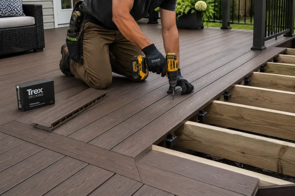Installer securing brown Trex composite deck boards over a wood frame
