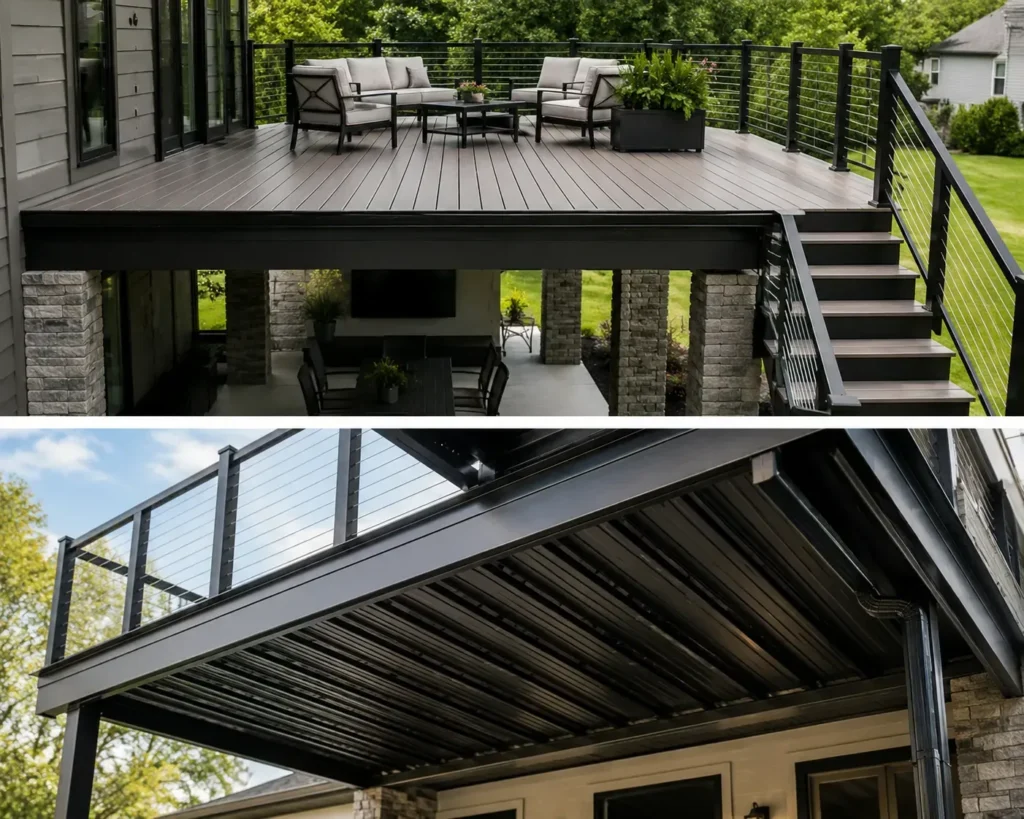 AridDek aluminum deck surface and underside drainage system on a raised deck